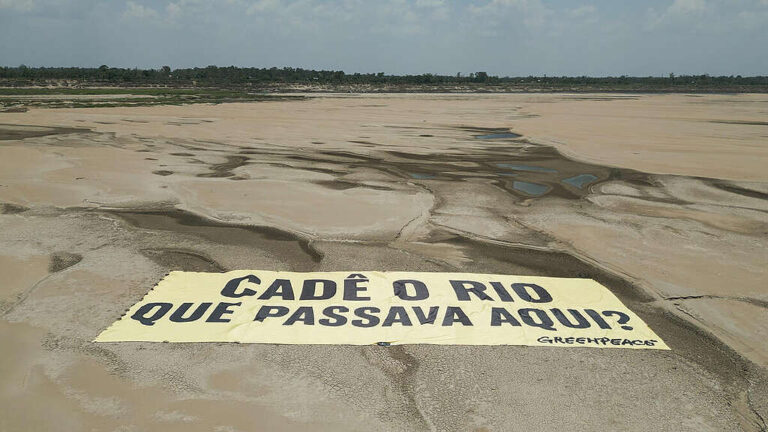 Greenpeace realiza protesto no leito seco do Rio Solimões em Manacapuru