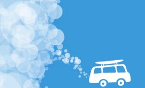 Imagem colorida mostra fundo azul desenho em fumaça de kombi e fumaça saindo em CO2