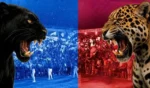 Imagem colorida mostra arte do Festisol 2025 em Tabatinga com Onça preta e equi a esquerda e onça pintada e equipe a direita