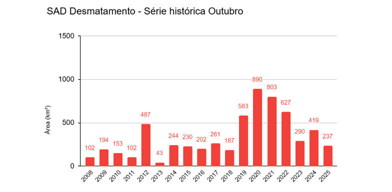 Desmatamento na Amazônia cai 43% em outubro e é o menor desde 2019