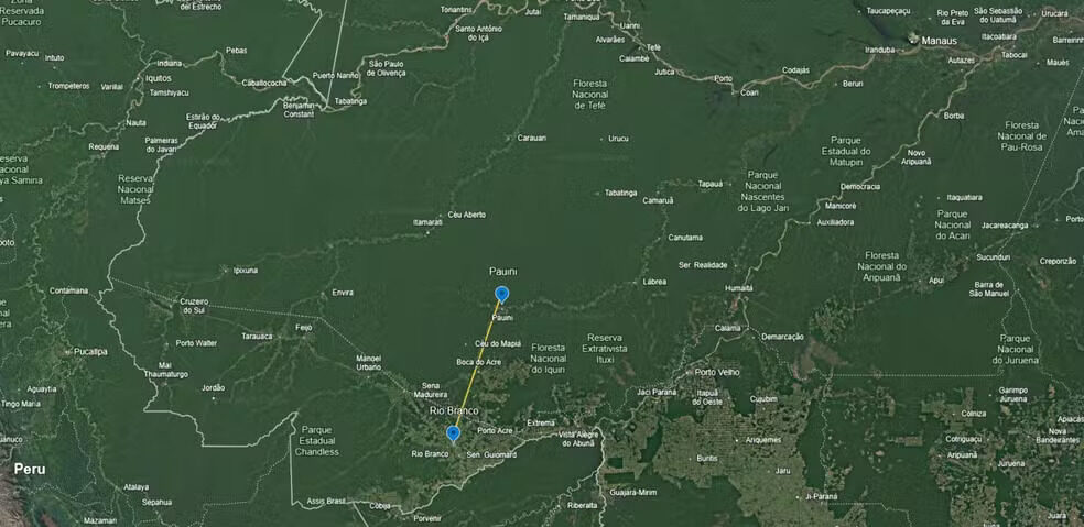 Mapa mostra distância entre Rio Branco, no Acre,  e Pauini, no Amazonas