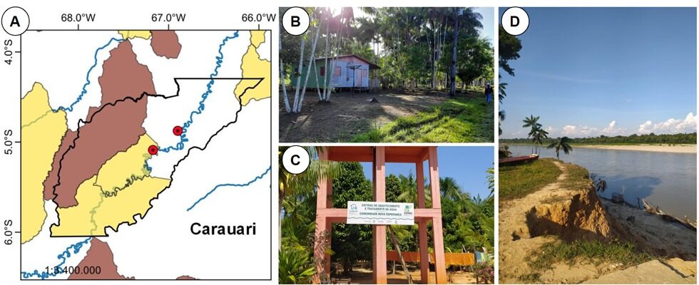 O Mapa A mostra, em pontos vermelhos, a localização das comunidades entrevistadas, bem como as Áreas Protegidas em Tabatinga - estudo segurança alimentar