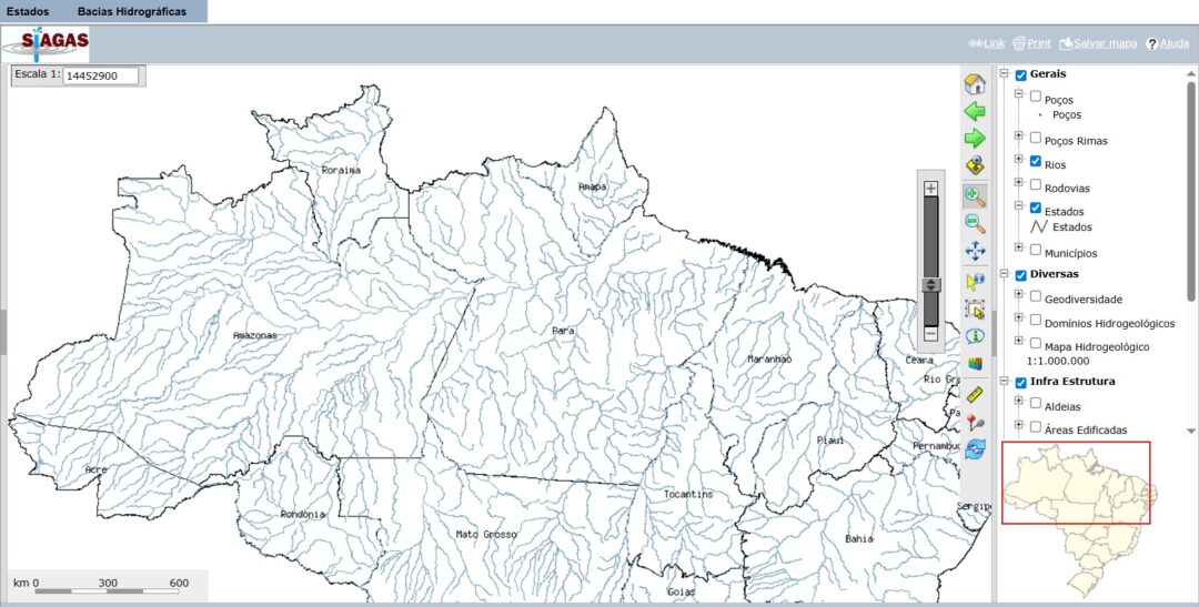 Imagem colorida mostra mapa do SIAGAS: sistema que reúne base nacional de dados sobre poços e águas subterrâneas do SGB