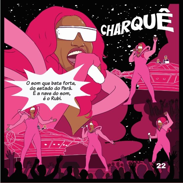 Imagem colorida mostra quadrinhos de Os Poderosos Treme-Terra mostrando uma artista se apresentando em aparelhagem