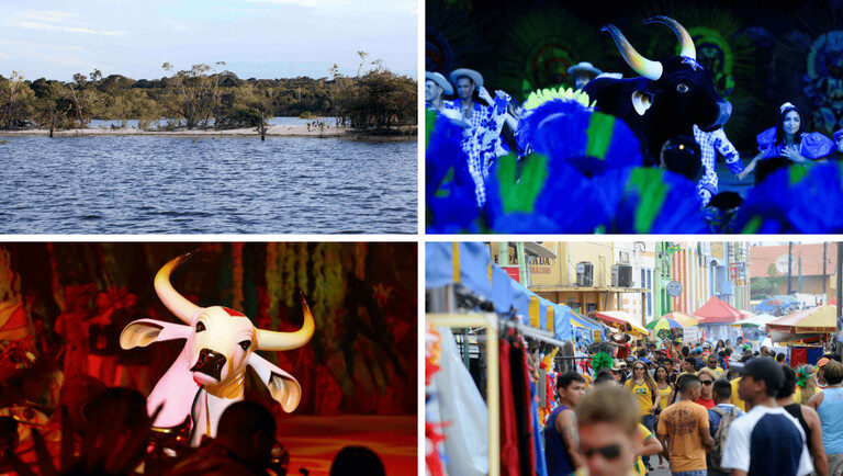 Imagem colorida mostra quatro cenas a respeito de Parintins - o rio Amazonas, os bois Caprichoso, Garantido e o comércio na cidade