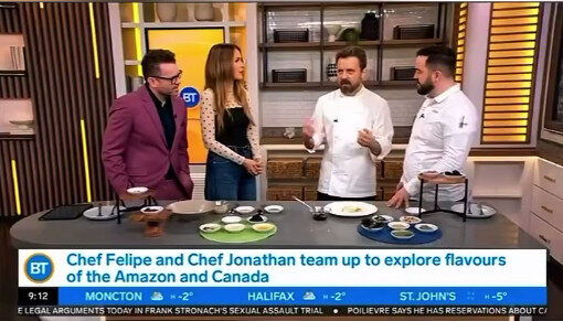 Chef Felipe Schaedler apresentando pratos com iguarias amazônicas em programa da televisão canadense

