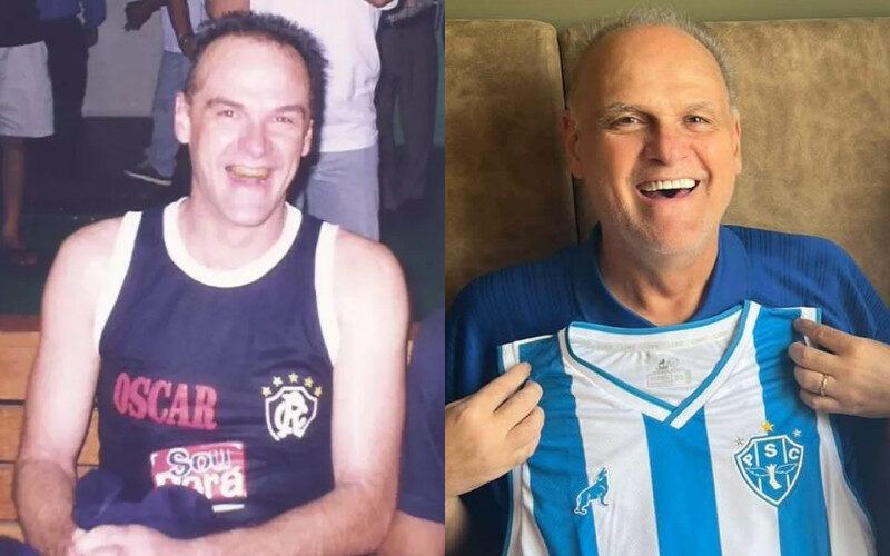 Schmidt em partida amistosa no ano de 1999; à esquerda, segurando a camisa do Paysandu, em homenagem, foto de 2023. Foto: Reprodução/Redes Sociais
