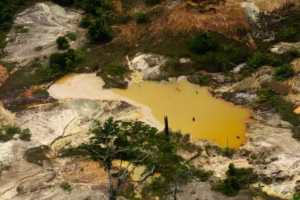 Imagem colorida mostra vista área de região da comunidade Ericó-degrada por efeitos do garimpo ilegal. Local fica em Terra Yanomami