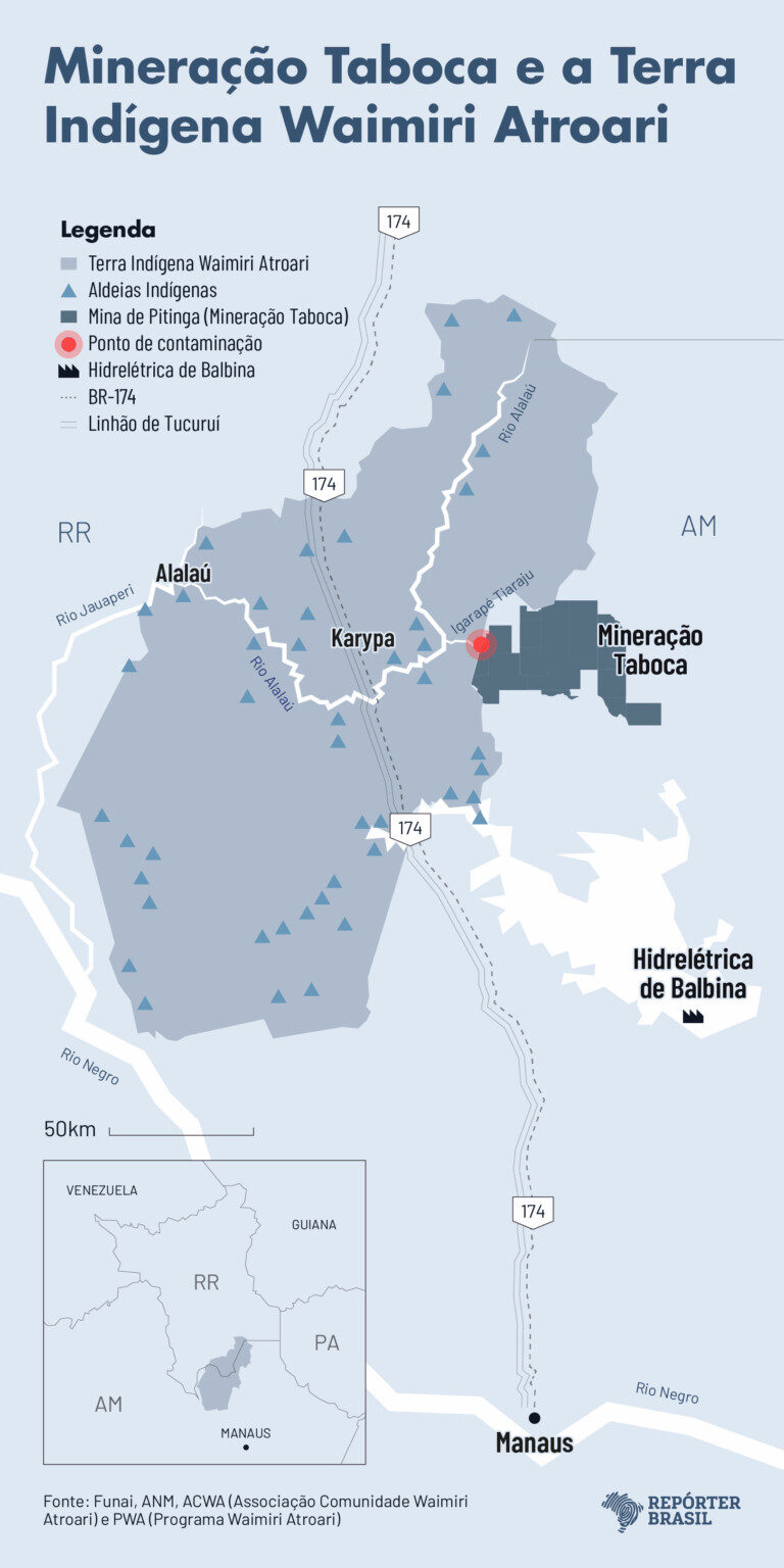 Mapa da mineradora e a Terra Indígena Waimiri Atroari