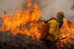 Imagem colorida mostra homeme equipado para combate a incêndio e chamas ao fundo que provocam fumaças