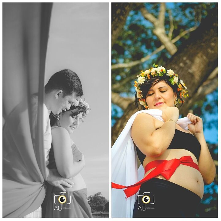 Imagem em preto e branco e colorida mostra ensaio de casal em gravidez no Parque Anauá