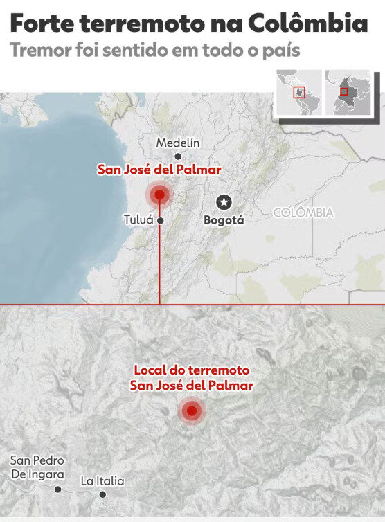 Mapa mostra epicentro do terremoto de magnitude 7,4 que atingiu a Colômbia em 10 de agosto de 2026.