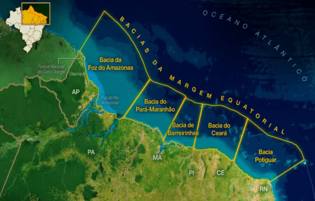 Mapa com os Estados das Bacias da Margem Equatorial — Foto: Divulgação