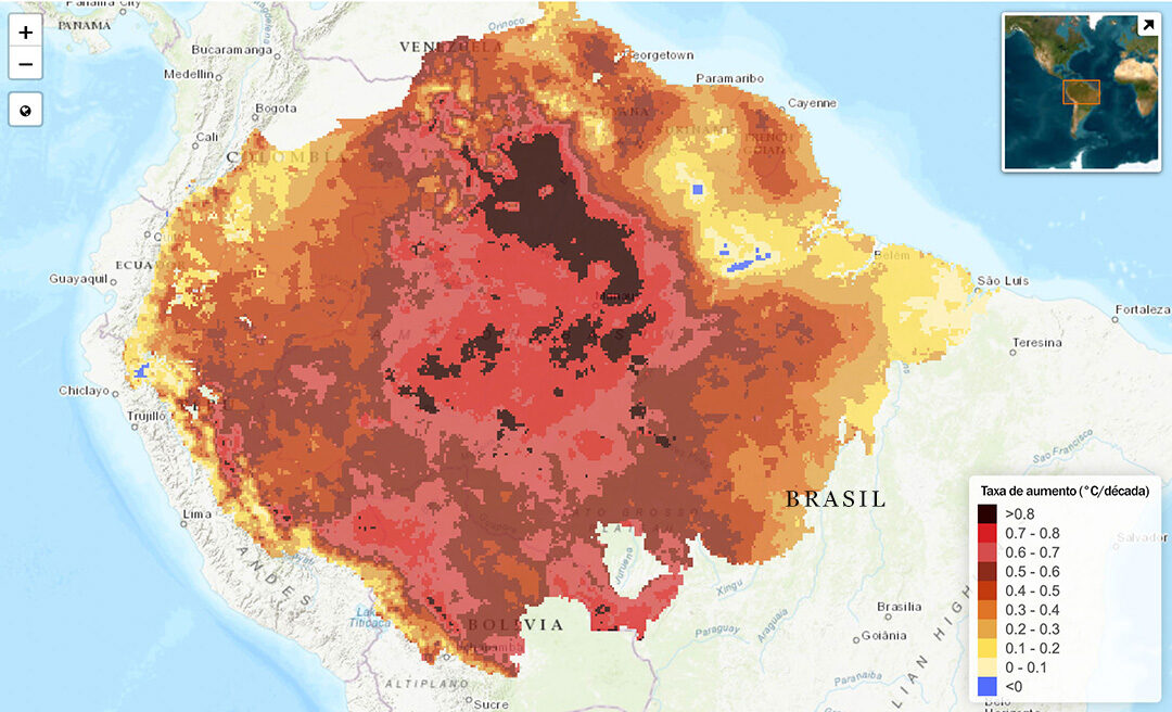 Temperaturas máximas no período mais seco aumentaram pelo menos 0,75°C por década no centro-norte da Amazônia; taxas foram calculadas por área, com resolução espacial de 11 km. Imagem: Liana Anderson/Inpe