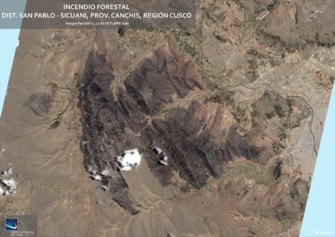 Satélite PeruSAT-1 capturou imagens das áreas afetadas por incêndios florestais em Sicuani, Cusco