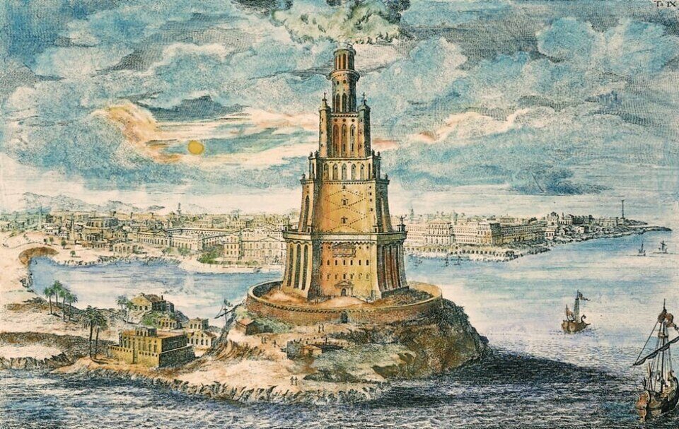 farol de Alexandria, um dos primeiros grandes faróis que se tem registro.