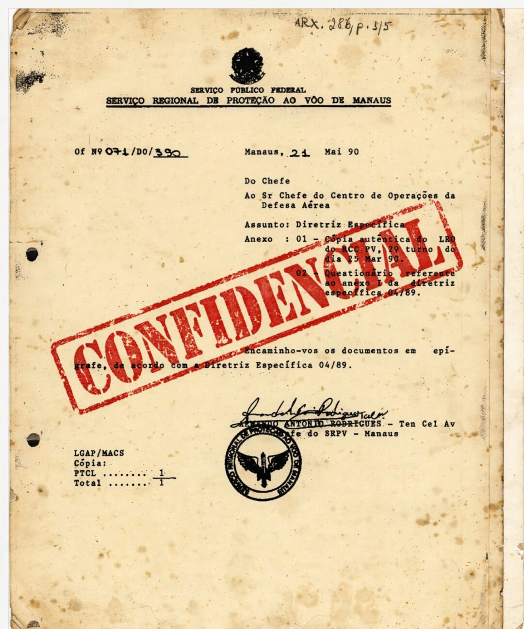 O caso subiu para Manaus. Em 21 de maio de 1990, o tenente-coronel Armando Antônio Rodrigues, do Serviço Regional de Proteção ao Voo de Manaus, órgão ligado ao Ministério da Aeronáutica, enviou ofício ao chefe nacional do serviço relatando episódios "estranhos" no céu de Vilhena.